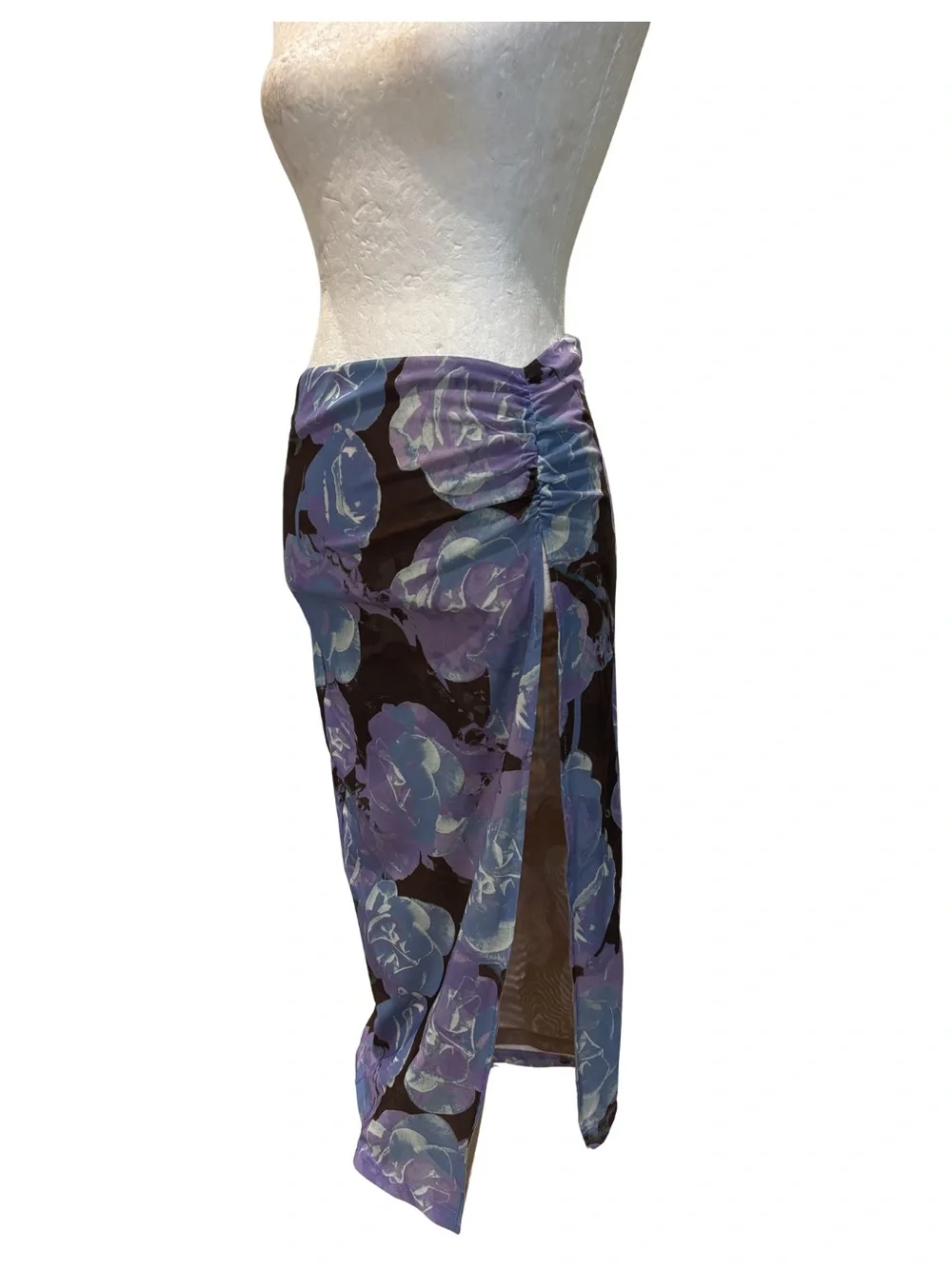 White Fox XS Purple Floral Mesh Wrap Midi Skirt Side Slit Y2K Vacation Beach